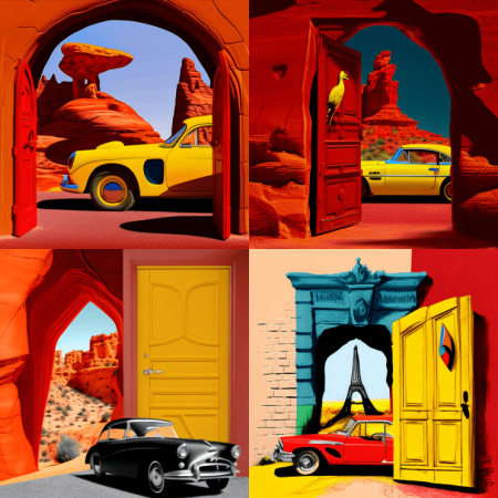 lariveraine_a_door_in_red_canyon_with_yellow_parrot_red_cadilla_4424ea80-454f-49e1-bf50-9084f0352379